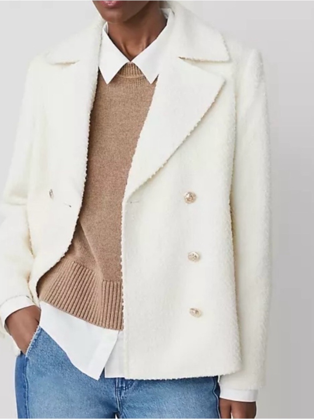 Ann Taylor Ivory Textured Boucle-Style Tweed Double-Breasted Pea Coat